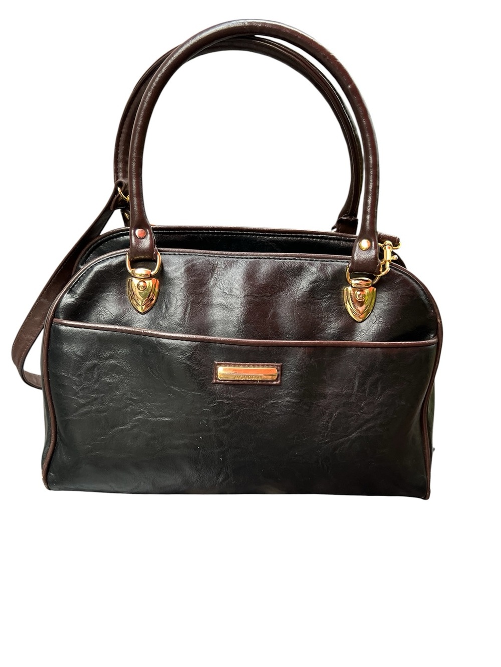 Vintage MONDANI New York Double Handle Bag Purse Simulated Leather Black & Brown